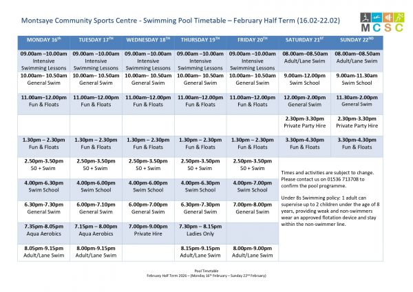 Feb 2026 Half Term Pool Timetable page 0001