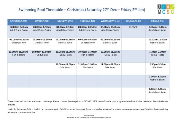 Pool Timetable 2025 Christmas Week 2 page 0001